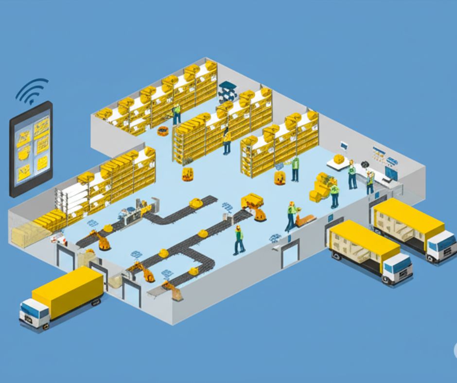Isometric illustration of a smart warehouse design featuring shelves, workers, conveyor belts, and yellow delivery trucks loading and unloading goods; a tablet displaying inventory is shown in the top left corner.