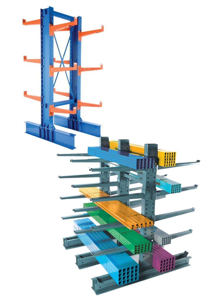 Two metal cantilever racks are shown. The top rack is empty with orange arms and blue supports. The bottom rack holds colorful metal beams and square tubes on its shelves. Both are used for industrial storage.