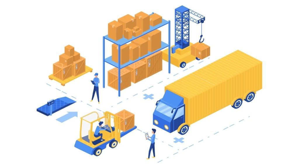 Isometric illustration of a warehouse scene showcasing workers handling boxes, a forklift loading crates, and a large yellow truck—demonstrating Lean warehouse design for efficient workflow and streamlined operations.