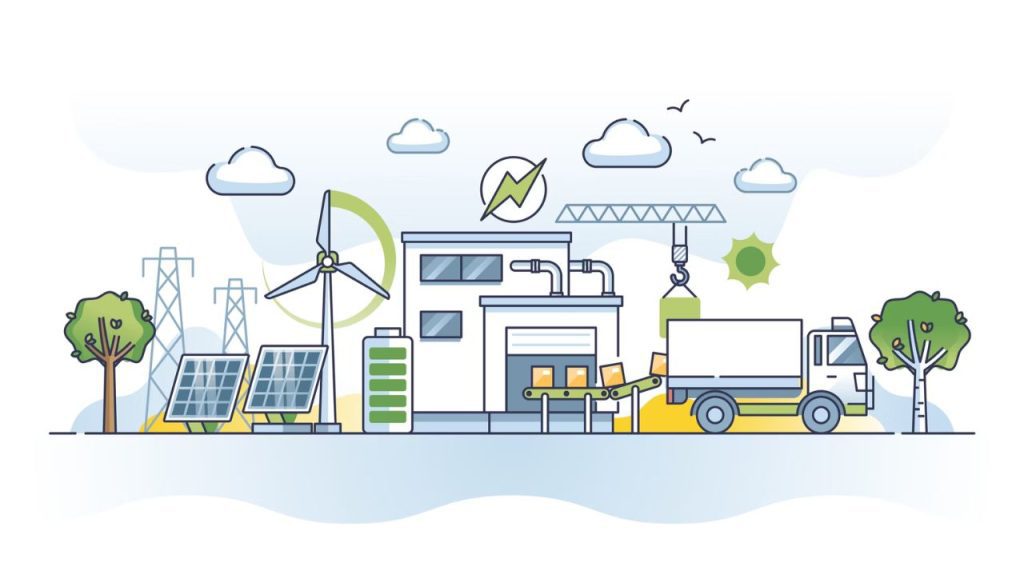 Illustration of an eco-friendly warehouse with solar panels, a wind turbine, trees, and a truck picking up boxes, emphasizing renewable energy and LEED certified warehouse design for a greener industry.