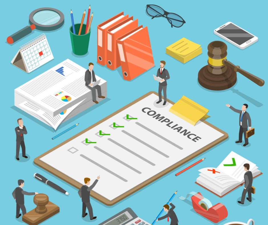 Illustration of a large compliance checklist on a clipboard surrounded by office items, files, and small businesspeople, symbolizing business compliance tasks such as FDA compliant warehouse layout and cold chain storage design.