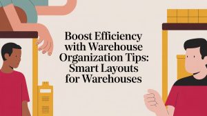 Illustration of warehouse workers and shelves with the text: Boost Efficiency with Warehouse Organization Tips: Smart Layouts for Warehouses in the center.