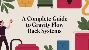Illustration with plants, storage bins, and a smiling person holding a box, surrounding the text: A Complete Guide to Gravity Flow Rack Systems on a beige background.